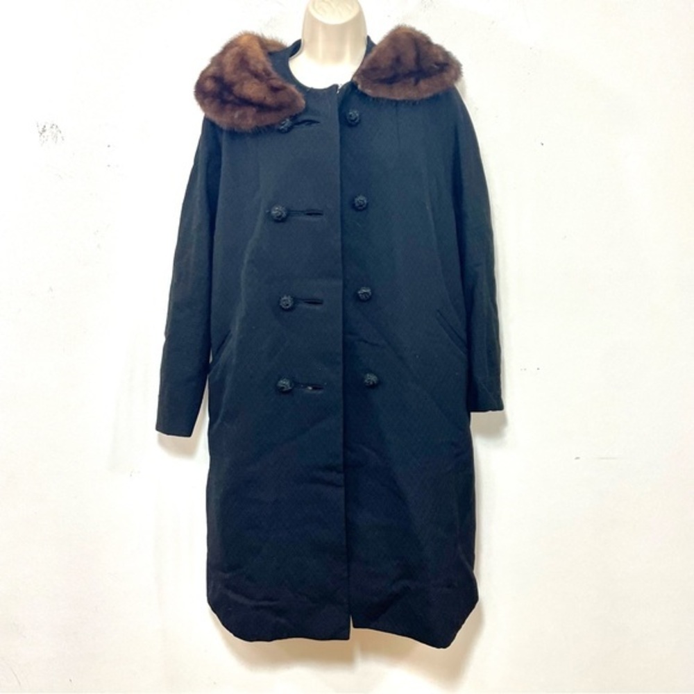 Vintage Harris Furs Black 100% Wool Coat Brown Mink Fur Collar Size Large long